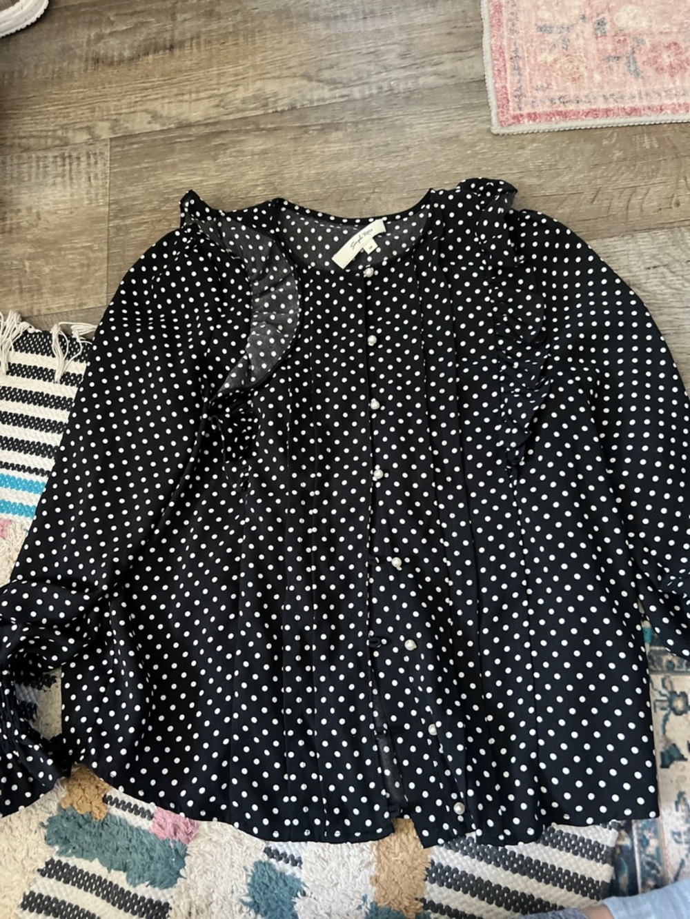 Simple retro Black Polka Dot Ruffle Button-Up Blouse